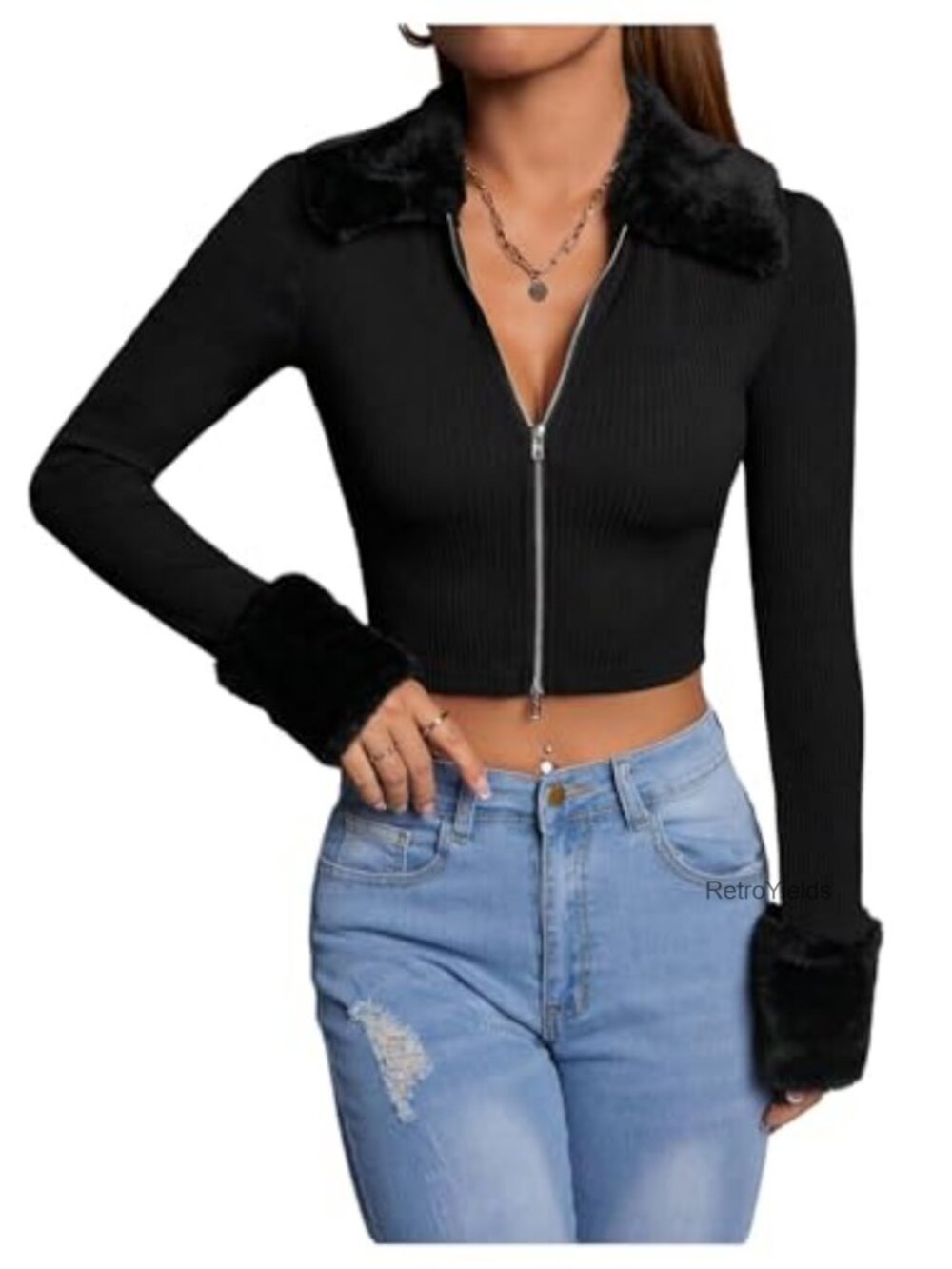 Zip Up Fuzzy Cardigan Sweater Long Sleeve Collared Knit Cropped